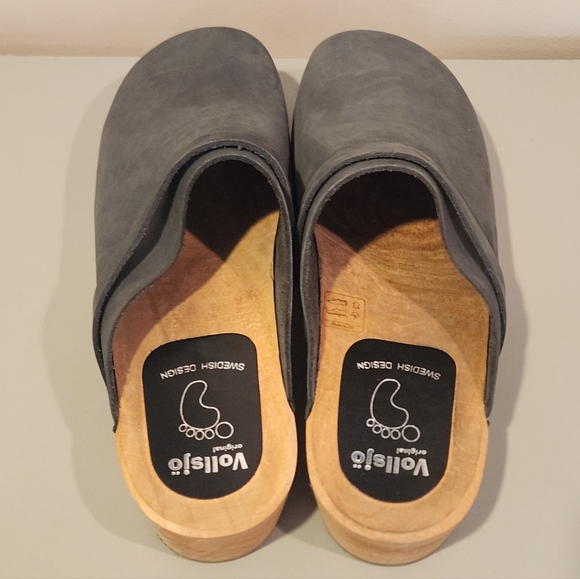 Vollsjo Swedish Clogs size 42/12 (11.5) gray-green genuine suede low wooden heel - Picture 15 of 16